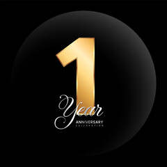 1st Anniversary logo. Golden number with silver color text. Logo Vector Template Illustration