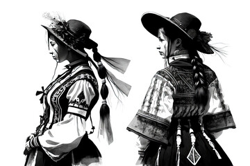 black and white drawing with two girls in national lace costumes with hats with large brim