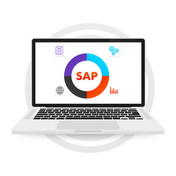 SAP Business process automation software on a laptop. Different graphic icons. Business automation software. Vector illustration