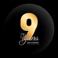 9th Anniversary logo. Golden number with silver color text. Logo Vector Template Illustration