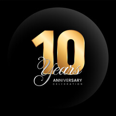10th Anniversary logo. Golden number with silver color text. Logo Vector Template Illustration