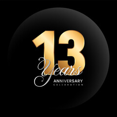 13th Anniversary logo. Golden number with silver color text. Logo Vector Template Illustration