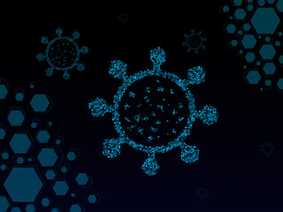 multiple viruses made in a geometric style with a blue hologram effect