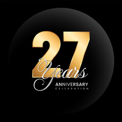 27th Anniversary logo. Golden number with silver color text. Logo Vector Template Illustration