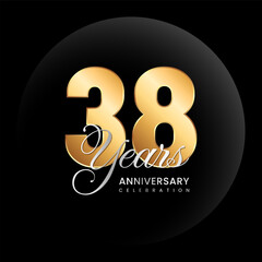 38th Anniversary logo. Golden number with silver color text. Logo Vector Template Illustration