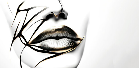 Abstract black with gold lips on a white background. black lips close up. Beautiful make-up. beautiful color on the beauty of the female mouth, close-up. mouth icon. Generative AI.banner