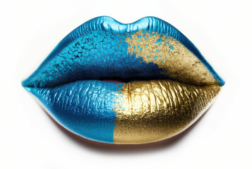 Abstract blue and gold lips on a white background. blue lips close up. Beautiful make-up. beautiful color on the beauty of the female mouth, close-up. mouth icon. Generative AI