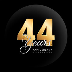 44th Anniversary logo. Golden number with silver color text. Logo Vector Template Illustration