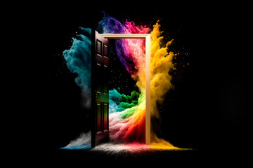 Open door to another world. Door with colorful fume inside and around it on black background, Generative AI. Multiverse. Travel thought reality. - obrazy, fototapety, plakaty