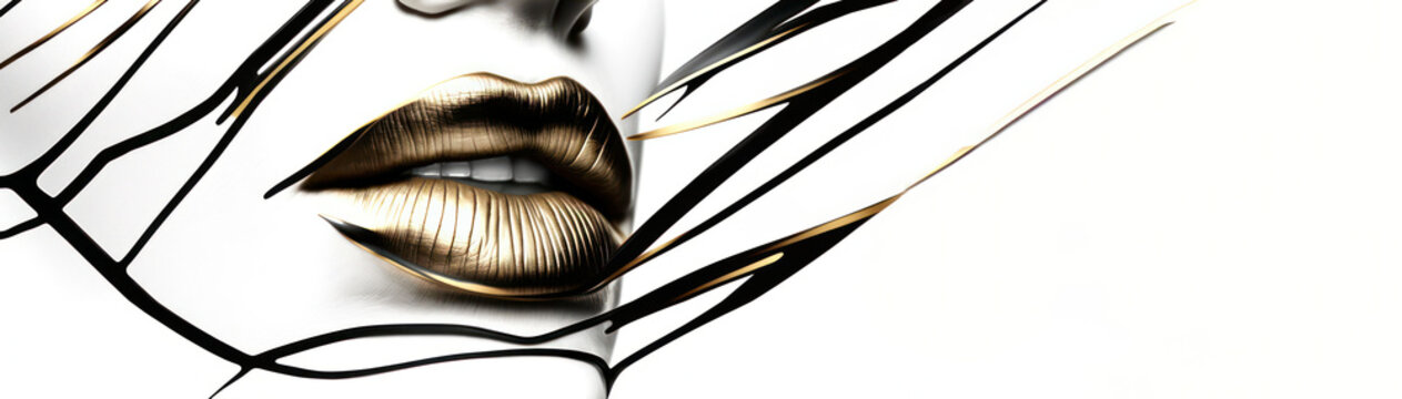 Abstract black with gold lips on a white background. black lips close up. Beautiful make-up. beautiful color on the beauty of the female mouth, close-up. mouth icon. Generative AI.banner