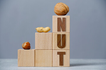 Peanut, hazelnut and walnut are laid out on wooden cubes gray background.Vitamins and healthy food.