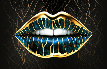 product image abstract lips made of lapis lazuli and black marble inlaid with gold threads .generative AI