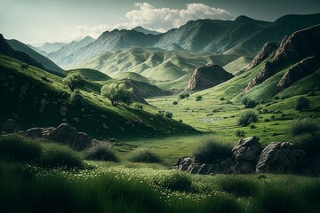 Landscape with mountains and valley. Generative ai. 