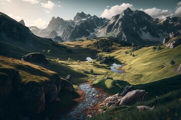 Landscape with mountains and valley. Generative ai. 