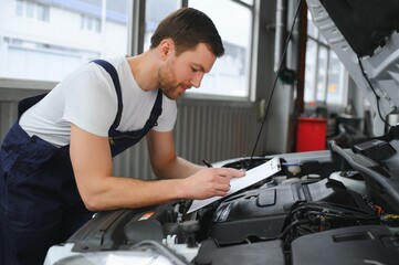 Concentrated mechanic writing on clipboard at the repair garage