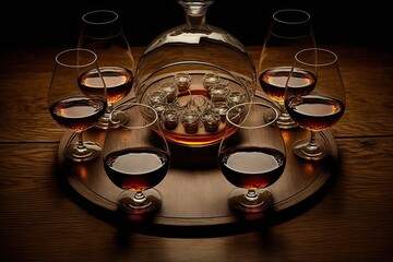 glasses arranged in circle on table with decanter with wine, created with generative ai