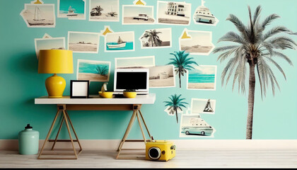 modern interior design with bright tropical theme living room dorm decor, generative ai