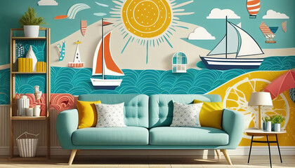modern interior design with bright summer coastal theme living room decor, generative ai