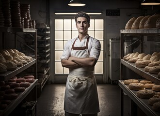 Portrait of a baker inside of a bakery in front of breads on the shelves. Young man's arms crossed. Generative Ai. - obrazy, fototapety, plakaty