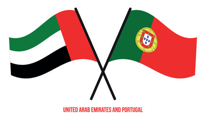 United Arab Emirates and Portugal Flags Crossed And Waving Flat Style. Official Proportion.