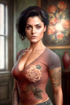 Woman with a trendy dark-haired haircut standing in a living room in a low cut t-shirt with a rose illustration matching her tattoos and the picture on the wall