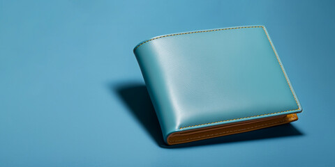 Blue leather wallet isolated on blue background with copy space