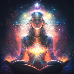 meditation, person sitting, sacred geometry, law of attraction, consciousness raising, trancedent , chakras, generative ai