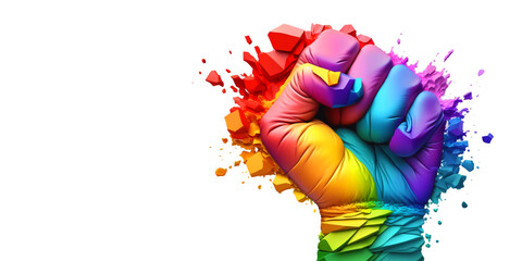 rainbow fist raising isolated on white background with copy space. - obrazy, fototapety, plakaty