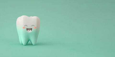 cartoon happy tooth isolated on green clean background with copy space.