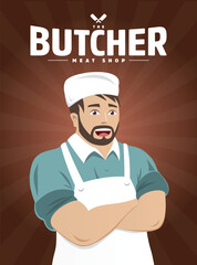 Butcher cartoon vector illustration. Template of emblem or logo for grill restaurant, menu of steak house, for packaging in markets and in stores. 