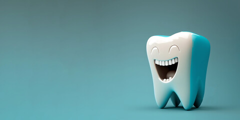 cartoon happy teeth isolated on blue clean background with copy space.