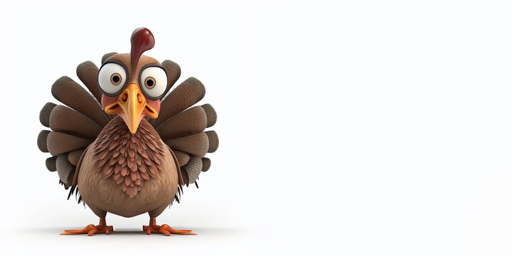 3d cartoon turkey isolated on white background with copy space.