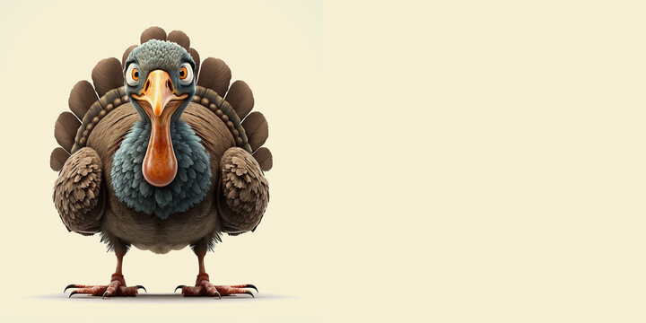 3d cartoon turkey isolated on yellow background with copy space.