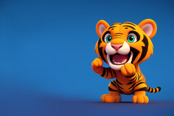 Tiger portrait excited on a blue background, Generative AI illustration