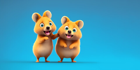 Two Quokka portrait on a blue background, Generative AI illustration