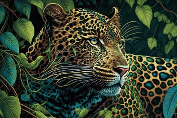 Jungle Leopard Jaguar Colorful Animal Tropical Wildlife Background Generative AI