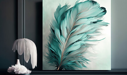  a painting of a feather on a wall next to a vase.  generative ai