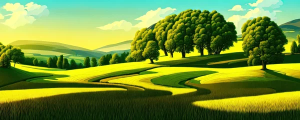 Gordijnen Spring background. Green meadow, trees. Cartoon illustration of beautiful summer valley landscape with blue sky. green hills. Spring meadow with big tree with fresh green leaves. © Павел Кишиков