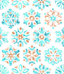 Seamless watercolor pattern. Ornament tile on a white background. Mint and beige shades of paint.