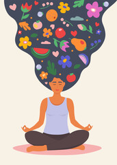 The girl is sitting in the lotus position, meditating, thinking about summer, fruits. A woman does yoga. Vector graphics.