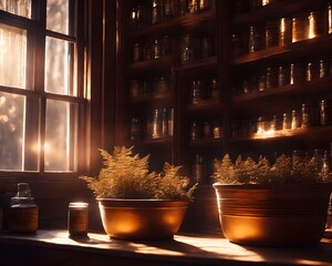 Moody soft room with window light, plants and jars on shelf,  library, Generative AI