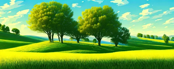 Foto op Canvas Spring background. Green meadow, trees. Cartoon illustration of beautiful summer valley landscape with blue sky. green hills. Spring meadow with big tree with fresh green leaves. © Павел Кишиков