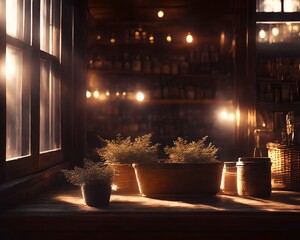 Moody soft room with window light, plants and jars on shelf,  library, Generative AI