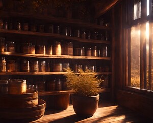 Fototapeta premium Moody soft room with window light, plants and jars on shelf, library, Generative AI