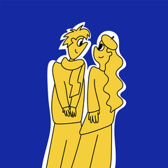 Two lovers looking at each other. Boy and girl fall in love. Romantic illustration on a blue background.  Embracing people. Colorful vector illustration in cartoon doodle hand drawn style