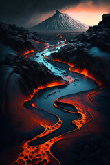 Rivers of lava flowing down a hill, Generative AI. Erupting volcano with river of red lava. Volcanic eruption background. Nature disaster background.