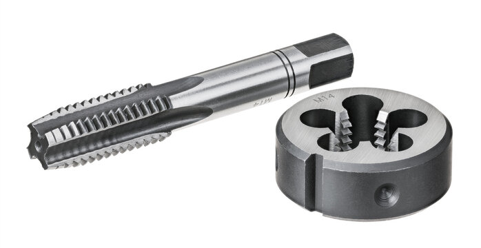 Hand taper tap and thread cutting die isolated on a white background. Close-up of two sharp steel tools for tapping and threading in metal materials. Metalworking instruments in engineering industry.