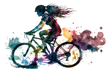 Girl on racing bike, watercolor, transparent background