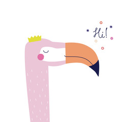 Funny pink flamingo with crown. Tropical funny bird. Vector hand drawn illustration.
