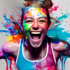 Happy beautiful colorful fitness girl, generative ai